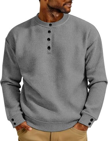 Henley Shirts for Men Casual Button Up Crewneck Waffle Tops Long Sleeve Pullover Blouses Basic Tee Sweatshirts in Kuwait