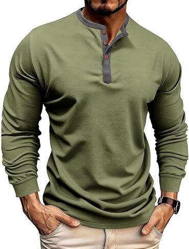 Mens Long Sleeve Henley Shirt | Round Neck Button Up Pullover Top, Soft Breathable for Layering, Casual Comfort in Saudi Arabia