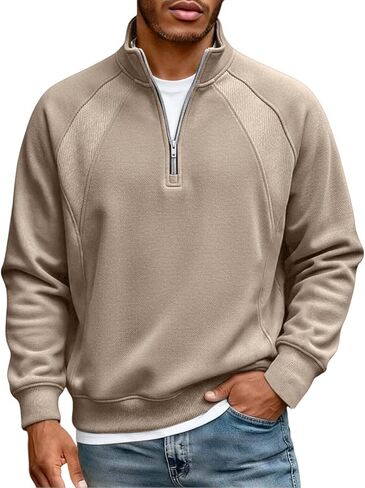Mens Quarter Zip Sweatshirt Casual Thermal Long Sleeves Pullover Tops Loose Fashion Stand Collar Sweater Shirts in Saudi Arabia