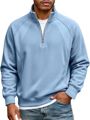 Mens Quarter Zip Sweatshirt Casual Thermal Long Sleeves Pullover Tops Loose Fashion Stand Collar Sweater Shirts in Saudi Arabia