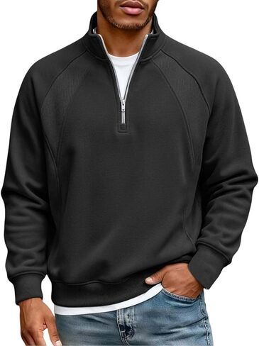 Mens Quarter Zip Sweatshirt Casual Thermal Long Sleeves Pullover Tops Loose Fashion Stand Collar Sweater Shirts in Saudi Arabia