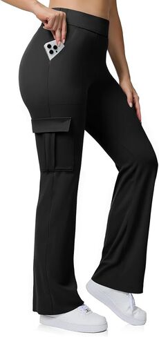 Women's Straight Leggings with Pocket No Front Seam Yoga Gym Cargo Pant High Waisted Tummy Control Soft Bootcut Pants in Saudi Arabia