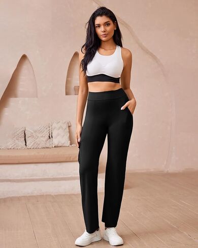 Women's Straight Leggings with Pocket No Front Seam Yoga Gym Cargo Pant High Waisted Tummy Control Soft Bootcut Pants in Saudi Arabia