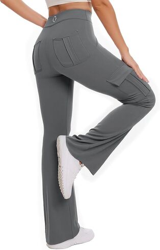 Women's Straight Leggings with Pocket No Front Seam Yoga Gym Cargo Pant High Waisted Tummy Control Soft Bootcut Pants in Saudi Arabia
