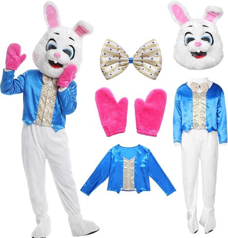 Easter Bunny Costume Adult Mascot Rabbit Suit with Head, Deluxe White Jumpsuit for Easter Events (One Size) in Kuwait