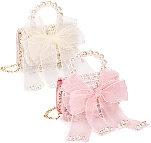 عبوتان من محفظة الفتيات، محفظة للفتيات الصغيرات، محافظ صغيرة للأطفال الصغار مع عقدة على شكل فيونكة، حقائب يد للأميرات أنيقة بمقبض لؤلؤي، سلسلة ذهبية قابلة للفصل in Kuwait
