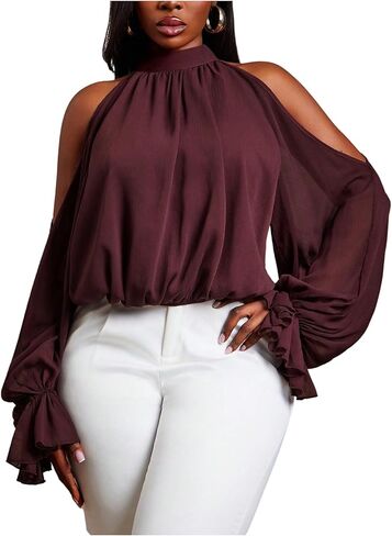 MakeMeChic Women's Work Plus Size Cold Shoulder Halter Blouse Tie Back Long Sleeve Dressy Top in Saudi Arabia