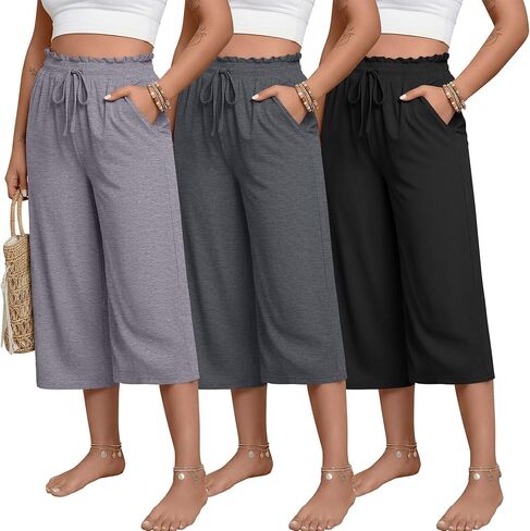 Neer 3 Pack Women's Plus Size Capris High Waisted Drawstring Wide Leg Cropped Sweatpants Lounge Yoga Pants with Pockets in Saudi Arabia