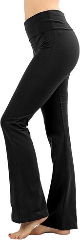Womens & Plus Stretch Cotton Foldover Waist Bootcut Workout Yoga Pants, (Black, 1X) in Saudi Arabia