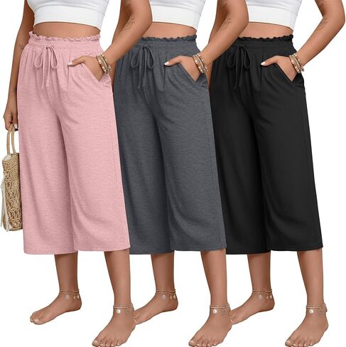 Neer 3 Pack Women's Plus Size Capris High Waisted Drawstring Wide Leg Cropped Sweatpants Lounge Yoga Pants with Pockets in Saudi Arabia