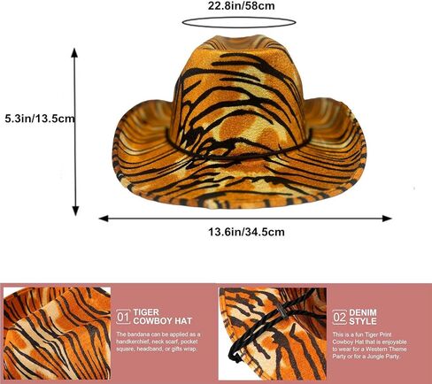 قبعة رعاة البقر بطباعة النمر واسعة الحواف قبعات راعية البقر الغربية مع حبل قابل للتعديل على شكل رعاة البقر للرجال والنساء in Kuwait