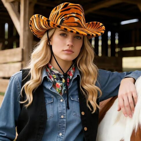 قبعة رعاة البقر بطباعة النمر واسعة الحواف قبعات راعية البقر الغربية مع حبل قابل للتعديل على شكل رعاة البقر للرجال والنساء in Kuwait