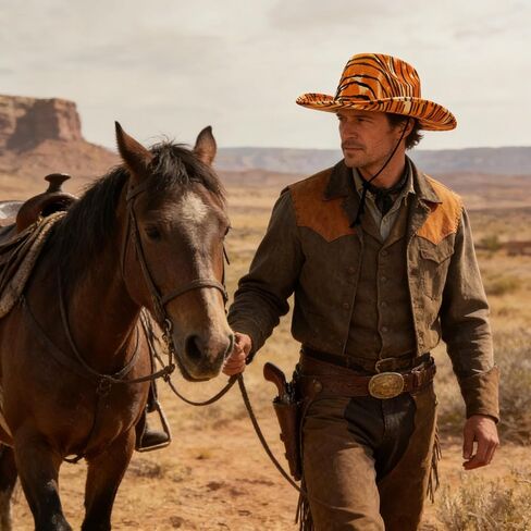 قبعة رعاة البقر بطباعة النمر واسعة الحواف قبعات راعية البقر الغربية مع حبل قابل للتعديل على شكل رعاة البقر للرجال والنساء in Kuwait