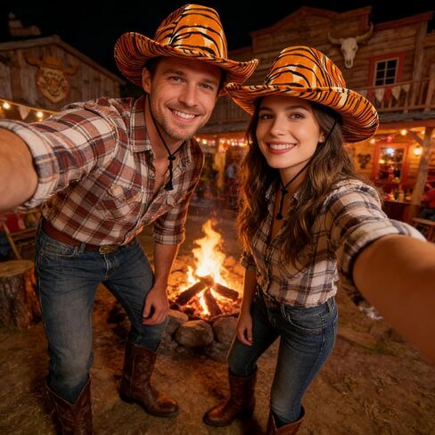 قبعة رعاة البقر بطباعة النمر واسعة الحواف قبعات راعية البقر الغربية مع حبل قابل للتعديل على شكل رعاة البقر للرجال والنساء in Kuwait