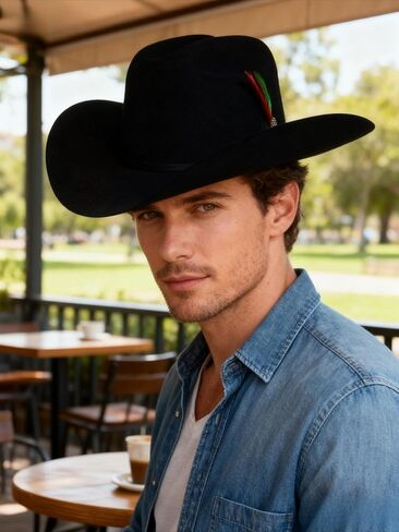 Wide Brim Brown Felt Cowboy Hat with Silver Buckle Band for Men Western Rodeo Ranch Festival Hat Gift Box in Kuwait