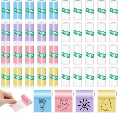 40 Rolls Mini Printer Thermal Sticker Paper, Self-Adhesive Thermal Printer Paper 20 Rolls of White & 20 Roll of Colour for Pocket Inkless Portable Printers to Print Photo To-do Lists Note in Saudi Arabia