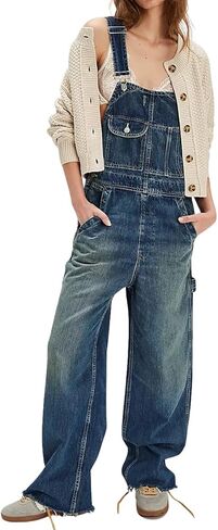 chouyatou Women's Distressed Denim Bib Overalls Jeans Adjustable Strap Frayed Wide Leg Denim Pants Jumpsuit in Saudi Arabia