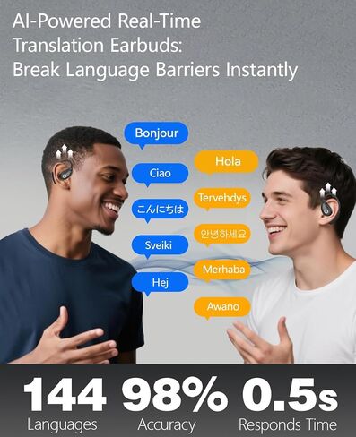 سماعات أذن للترجمة في الوقت الحقيقي بتقنية الذكاء الاصطناعي، 144 لغة ولهجة، استجابة سريعة 0.5 ثانية، جهاز مترجم لغة بدقة 98% للسفر والأعمال والتعلم، سماعة رأس مترجم بلوتوث لاسلكية in Kuwait