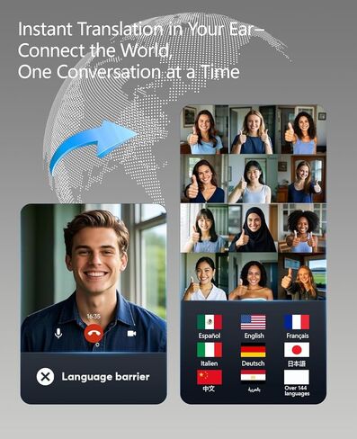 سماعات أذن للترجمة في الوقت الحقيقي بتقنية الذكاء الاصطناعي، 144 لغة ولهجة، استجابة سريعة 0.5 ثانية، جهاز مترجم لغة بدقة 98% للسفر والأعمال والتعلم، سماعة رأس مترجم بلوتوث لاسلكية in Kuwait