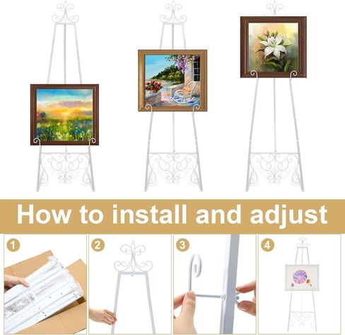 White Easel Stand for Wedding Sign, 55'' Adjustable Vintage Scroll Floor Display Stand with Chain Support for Welcome Poster, Photo, Art, Decorative Event Display in Saudi Arabia