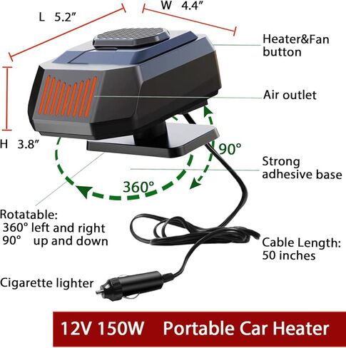 سخان سيارة محمول 12 فولت، تسخين سريع، مزيل ضباب الزجاج الأمامي، سخان سيارة محمول 150 وات يمكن توصيله بولاعة السجائر in Kuwait