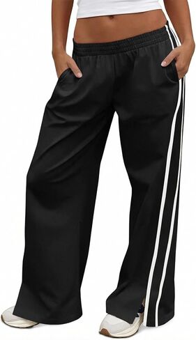 Fisoew Womens Wide Leg Pants Casual Baggy Elastic Waist Side Slit Contrast Stitch Loose Workout Sweat Pants with Pockets in Saudi Arabia