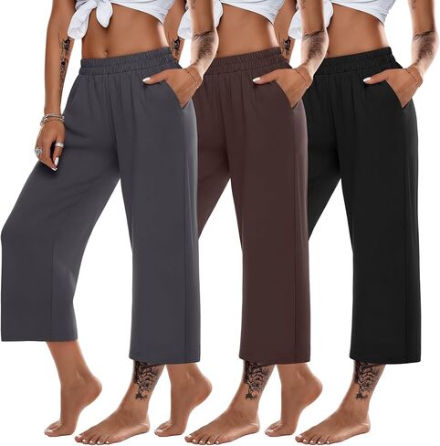 3 Pack Women's Wide Leg Capris Loose Cropped Yoga Pants Elastic Soft Sweatpants Capri Trousers with Pockets in Saudi Arabia