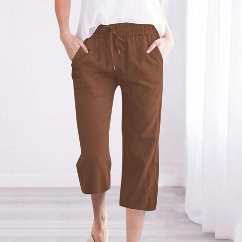 YRAETENM Womens Linen Capri Pants High Waisted Drawstring Casual Cropped Pants Loose Straight Wide Leg Capris with Pockets in Saudi Arabia
