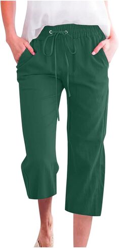 YRAETENM Womens Linen Capri Pants High Waisted Drawstring Casual Cropped Pants Loose Straight Wide Leg Capris with Pockets in Saudi Arabia