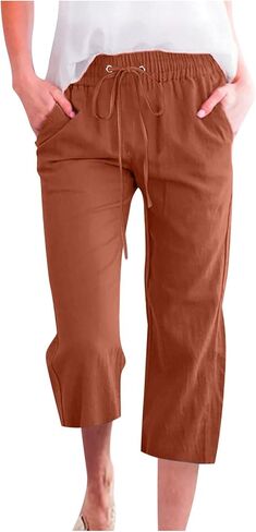 YRAETENM Womens Linen Capri Pants High Waisted Drawstring Casual Cropped Pants Loose Straight Wide Leg Capris with Pockets in Saudi Arabia