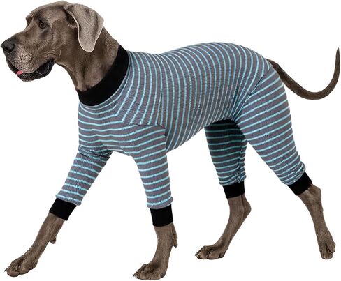 ملابس LovinPet Big Dogs PJS - قميص للكلاب مخطط باللون الأزرق السماوي من القطن الخالص، تصميم بأربعة أرجل، تغطية كاملة للجسم، للكلاب الكبيرة، سلالات الكلاب الكبيرة، مقاس XL in Kuwait