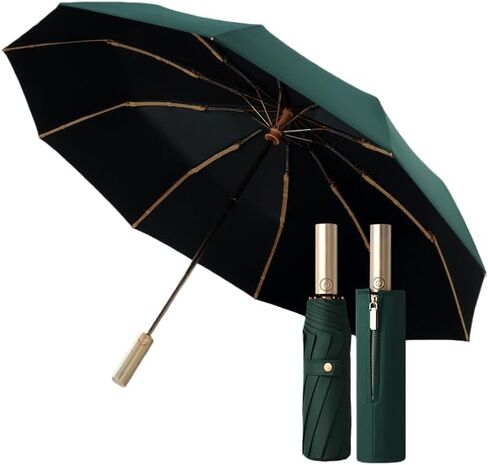 Golf Large Business Travel Folding Umbrella with Luxurious Gold Handle,Auto Open/Close, Rain/Sun,Portable,Compact,UV Protection,UPF50+,Zipper Sleeve,Strong10 Ribs, Women/Men,Backpack/Car in Saudi Arabia