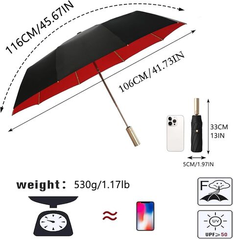 Golf Large Business Travel Folding Umbrella with Luxurious Gold Handle,Auto Open/Close, Rain/Sun,Portable,Compact,UV Protection,UPF50+,Zipper Sleeve,Strong10 Ribs, Women/Men,Backpack/Car in Saudi Arabia