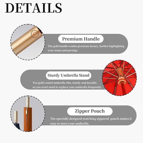 Golf Large Business Travel Folding Umbrella with Luxurious Gold Handle,Auto Open/Close, Rain/Sun,Portable,Compact,UV Protection,UPF50+,Zipper Sleeve,Strong10 Ribs, Women/Men,Backpack/Car in Saudi Arabia