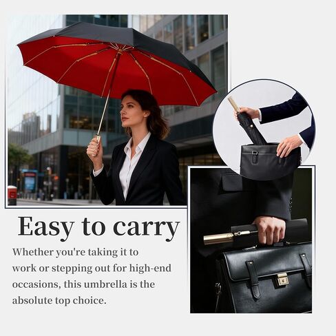 Golf Large Business Travel Folding Umbrella with Luxurious Gold Handle,Auto Open/Close, Rain/Sun,Portable,Compact,UV Protection,UPF50+,Zipper Sleeve,Strong10 Ribs, Women/Men,Backpack/Car in Saudi Arabia