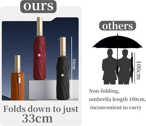 Golf Large Business Travel Folding Umbrella with Luxurious Gold Handle,Auto Open/Close, Rain/Sun,Portable,Compact,UV Protection,UPF50+,Zipper Sleeve,Strong10 Ribs, Women/Men,Backpack/Car in Saudi Arabia