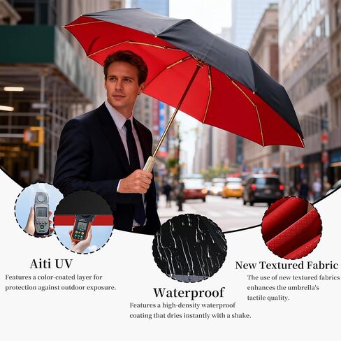 Golf Large Business Travel Folding Umbrella with Luxurious Gold Handle,Auto Open/Close, Rain/Sun,Portable,Compact,UV Protection,UPF50+,Zipper Sleeve,Strong10 Ribs, Women/Men,Backpack/Car in Saudi Arabia