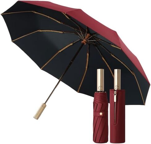 Golf Large Business Travel Folding Umbrella with Luxurious Gold Handle,Auto Open/Close, Rain/Sun,Portable,Compact,UV Protection,UPF50+,Zipper Sleeve,Strong10 Ribs, Women/Men,Backpack/Car in Saudi Arabia