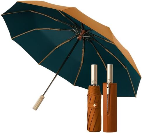 Golf Large Business Travel Folding Umbrella with Luxurious Gold Handle,Auto Open/Close, Rain/Sun,Portable,Compact,UV Protection,UPF50+,Zipper Sleeve,Strong10 Ribs, Women/Men,Backpack/Car in Saudi Arabia