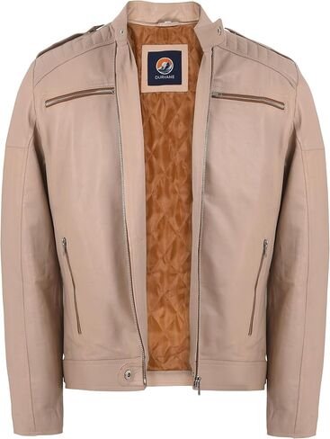 Men's Vintage Style Slim Fit Center Zip-Up Motorcycle Biker Leather Jacket in Beige Color, Premium Quality in Saudi Arabia