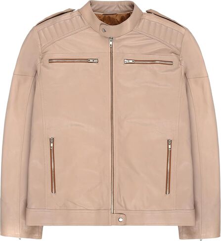 Men's Vintage Style Slim Fit Center Zip-Up Motorcycle Biker Leather Jacket in Beige Color, Premium Quality in Saudi Arabia