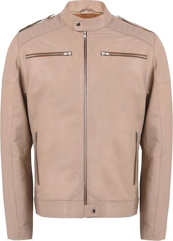 Men's Vintage Style Slim Fit Center Zip-Up Motorcycle Biker Leather Jacket in Beige Color, Premium Quality in Saudi Arabia