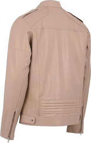 Men's Vintage Style Slim Fit Center Zip-Up Motorcycle Biker Leather Jacket in Beige Color, Premium Quality in Saudi Arabia