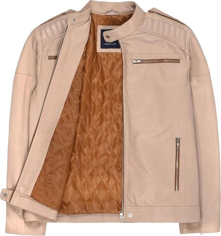 Men's Vintage Style Slim Fit Center Zip-Up Motorcycle Biker Leather Jacket in Beige Color, Premium Quality in Saudi Arabia
