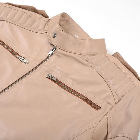 Men's Vintage Style Slim Fit Center Zip-Up Motorcycle Biker Leather Jacket in Beige Color, Premium Quality in Saudi Arabia