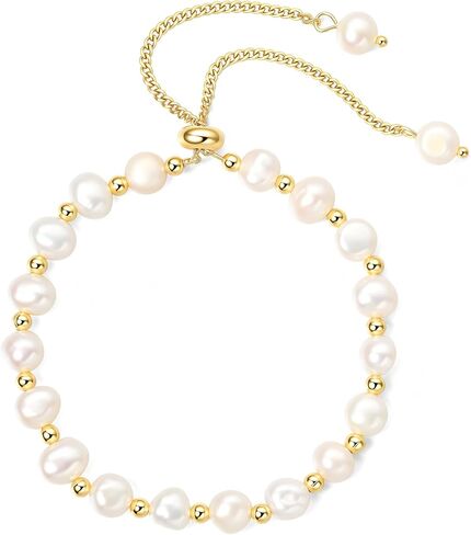 18K Gold Plated Pearl Bracelet Baroque Culture Gold Charm Bracelets for Women Adjustable Fashion Charm Dainty Handmade Jewelry Gifts for Friends, Wives, or Mothers in Saudi Arabia