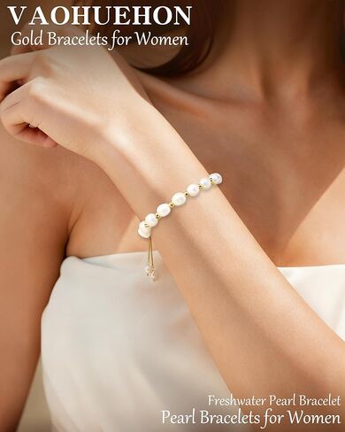 18K Gold Plated Pearl Bracelet Baroque Culture Gold Charm Bracelets for Women Adjustable Fashion Charm Dainty Handmade Jewelry Gifts for Friends, Wives, or Mothers in Saudi Arabia