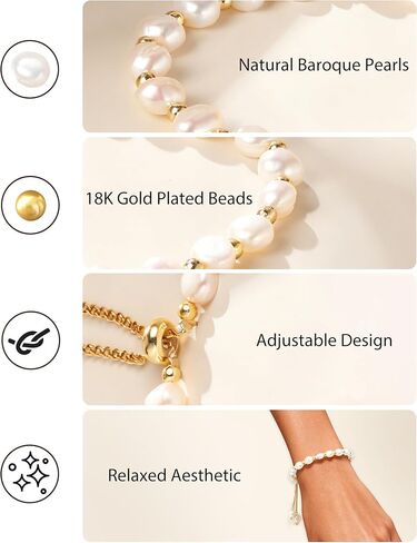 18K Gold Plated Pearl Bracelet Baroque Culture Gold Charm Bracelets for Women Adjustable Fashion Charm Dainty Handmade Jewelry Gifts for Friends, Wives, or Mothers in Saudi Arabia