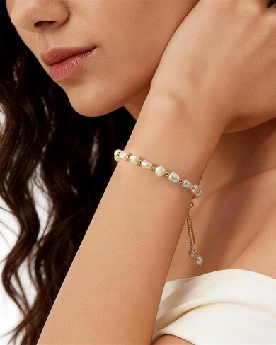 18K Gold Plated Pearl Bracelet Baroque Culture Gold Charm Bracelets for Women Adjustable Fashion Charm Dainty Handmade Jewelry Gifts for Friends, Wives, or Mothers in Saudi Arabia