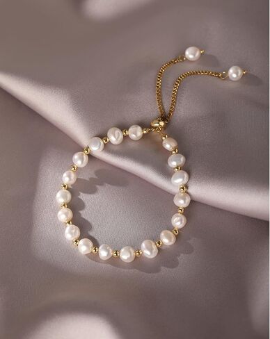 18K Gold Plated Pearl Bracelet Baroque Culture Gold Charm Bracelets for Women Adjustable Fashion Charm Dainty Handmade Jewelry Gifts for Friends, Wives, or Mothers in Saudi Arabia